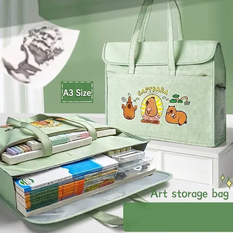 Bolsa de Almacenamiento de Arte de Lona de Gran Capacidad para Estudiantes Carpeta de Tutoría A3 Con Patrón de Capibara Panda Bolsa de Mano Con Cremallera