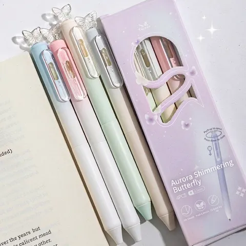 Intrekbare Gelpen Set 4 Stuks Met Roterende Vlinder Decor 0.5mm Zwarte Inkt Sneldrogende Gematteerde Pennen voor School Kantoor