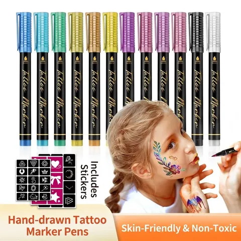 DIY Temporary Tattoo Pens Set Washable Body Paint Markers With Stencils For Kids Party Festival Art Drawing Supplies