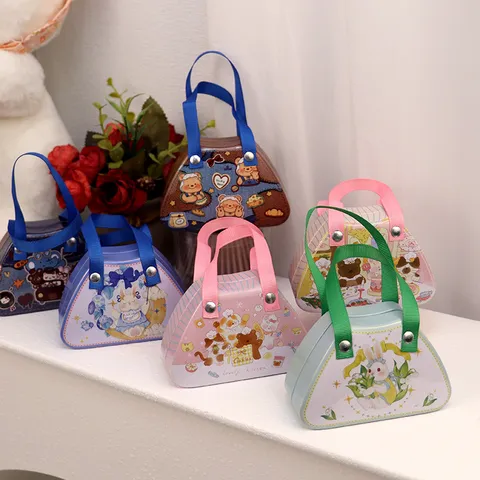Cute Cartoon Children Handbag Shape Tinplate Gift Box Portable Candy Biscuit Metal Storage Box Ribbon Handle Party Favor