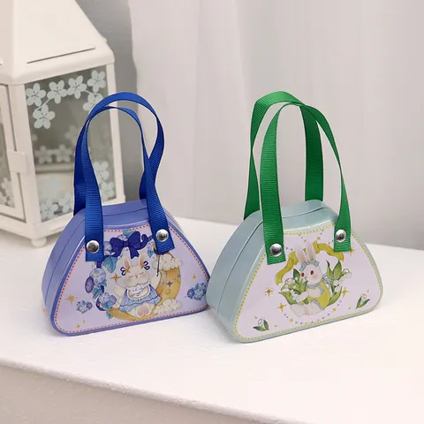 Cute Cartoon Children Handbag Shape Tinplate Gift Box Portable Candy Biscuit Metal Storage Box Ribbon Handle Party Favor