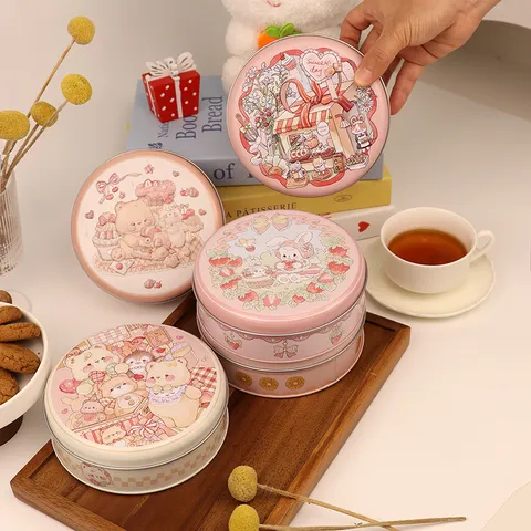 Round Tinplate Storage Box Cookie Chocolate Packaging Tin Canister Cute Cartoon Bear Rabbit Metal Gift Tin Box For Food Storage