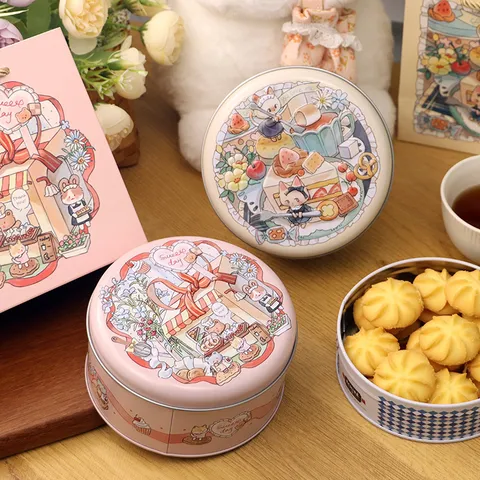 Scatola per Biscotti in Banda Stagnata Rotonda Rilievo Coniglio Dipinto a Mano Barattolo Contenitore in Metallo Vintage Con Borsa Regalo