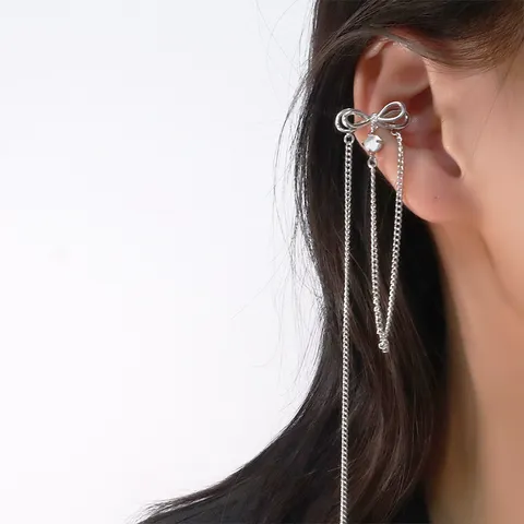 Eleganter Kupfer Zirkonia Schleife Langer Quasten Ohrknochen Clip Für Damen Ohne Loch Silberfarben Schleifen Ohrring Schmuck