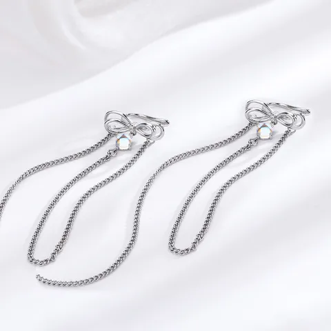 Eleganter Kupfer Zirkonia Schleife Langer Quasten Ohrknochen Clip Für Damen Ohne Loch Silberfarben Schleifen Ohrring Schmuck