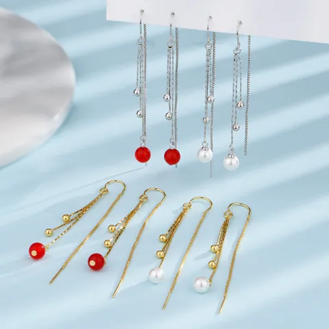 Elegante Koperen Lange Kwast Oordoortrek Oorbellen Vrouwen Kunstparel Rode Agaat Kralen Koreaanse Stijl Sieraden
