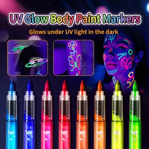 Μαρκαδόροι Ζωγραφικής Προσώπου Σώματος UV Glow Πλενόμενοι Φωσφορίζοντες Μαρκαδόροι Τατουάζ για Χαλοουίν Κλαμπ Πάρτι