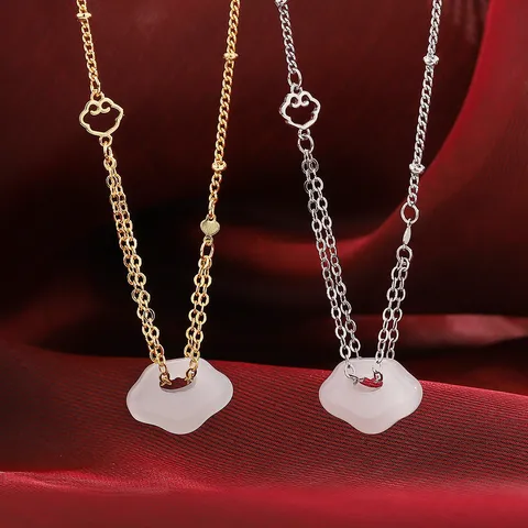 Chinese Style Safety Lock Pendant Necklace Copper Plated Artificial White Jade Auspicious Cloud Clavicle Chain Jewelry