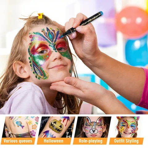 Temporary Tattoo Markers Body Painting Pens With Stencil Stickers Skin Safe Washable Drawing Art Set For Kids Party