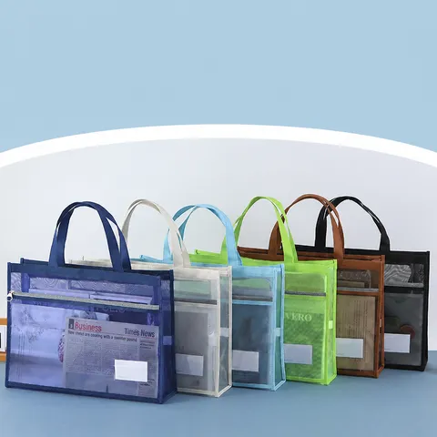 Transparent Mesh Document Bag Large Capacity Oxford Cloth Zipper File Handbag Portable Multi-Functional Storage Bag