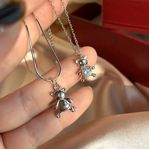 Cute Cartoon Bear Pendant Necklace For Women Copper Zirconia Inlaid Polished Bear Hip Hop Trendy Jewelry Clavicle Chain Gift