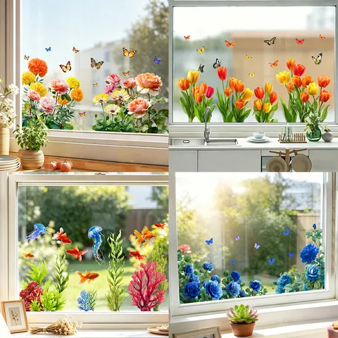 Tulip Peony Flower Butterfly Marine Life Static Cling Window Sticker For Shop Display Glass Door Home Decoration Decal