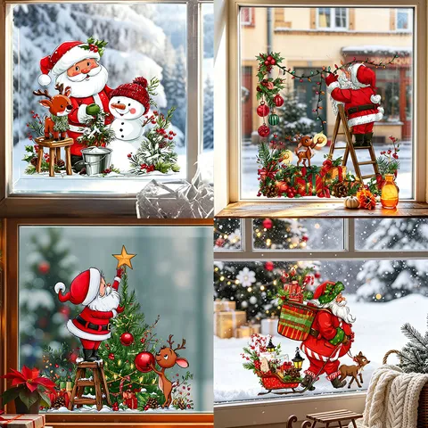 Christmas Window Clings Santa Claus Snowman Reindeer Electrostatic PVC Stickers For Shop Glass Door Holiday Decoration