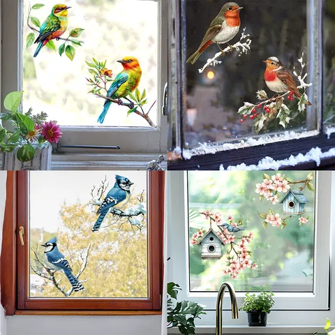 Watercolor Bird Window Sticker Static Cling Branch Flower Decal For Shop Home Kitchen Bathroom Waterproof PVC Wall Art