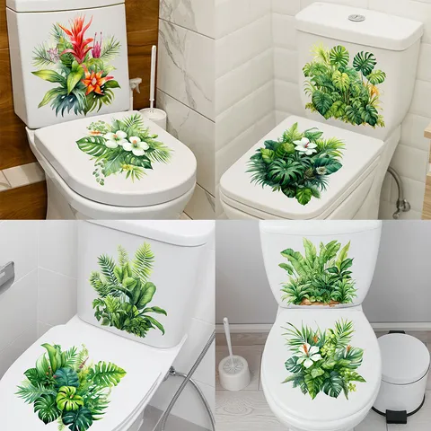 Tropical Green Plants Toilet Lid Sticker Waterproof PVC Decal For Bathroom Home Decor Leaf Pattern Removable Wall Sticker