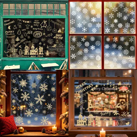Adesivi Statici per Finestre di Natale Oro Bianco Renna Fiocco di Neve Baita PVC Vetro Adesivi per Decorazione Negozio Casa