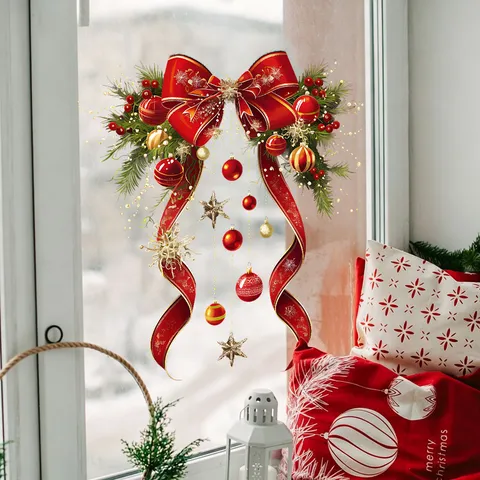 Christmas Bow Red Ball Static Cling Window Sticker PVC Waterproof Holiday Home Shop Glass Door Wall Decoration Decal