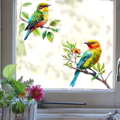 Watercolor Bird Window Sticker Static Cling Branch Flower Decal For Shop Home Kitchen Bathroom Waterproof PVC Wall Art