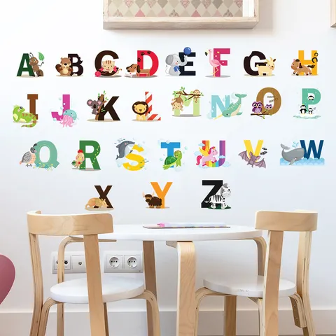 Engels Alfabet Cartoon Dier Muurstickers Waterdicht PVC Zelfklevend Muurstickers Voor Kinderkamer Klaslokaal Educatieve Huisdecoratie