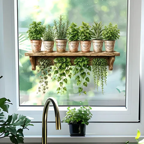 UV Self-Adhesive Double Sided Window Stickers Potted Green Plants Herbs Pattern PVC Removable Decorative Wall Decals Home Decor