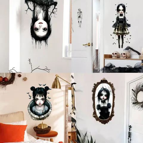 Halloween Horror Gothic Girl Window Sticker Double Sided UV Self Adhesive Removable PVC Wall Decal For Party Decor