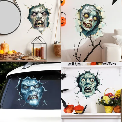 3D Zombie Breaking Through Wall Sticker Halloween Horror Window Decal PVC Double Sided Adhesive Wallpaper Waterproof Party Decor
