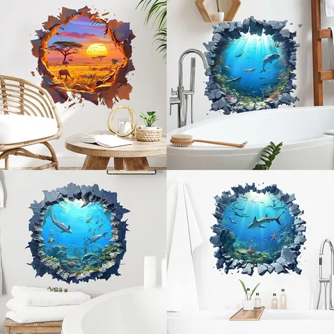 3D Broken Wall Effect Wall Sticker Waterproof PVC Self-Adhesive Undersea Shark Africa Animal Removable Home Decor Mural