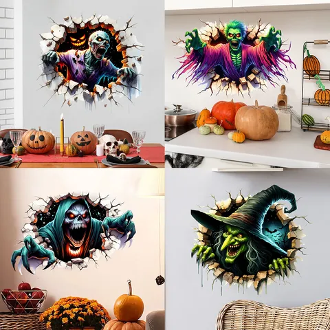 Halloween 3D Broken Wall Sticker PVC Self-Adhesive Mural Witch Zombie Bat Ghost Horror Decor For Living Room Bedroom Party