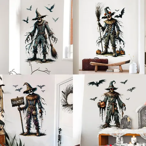 Halloween Scarecrow Bat Wall Sticker UV Self-Adhesive Double-Sided Window Decoration For Glass Door Living Room Party Decor