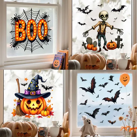 Halloween Dubbelzijdig UV Bedrukte Vensterstickers Skelet Pompoen Vleermuis Verwijderbare PVC Glas Muurstickers Decoratie