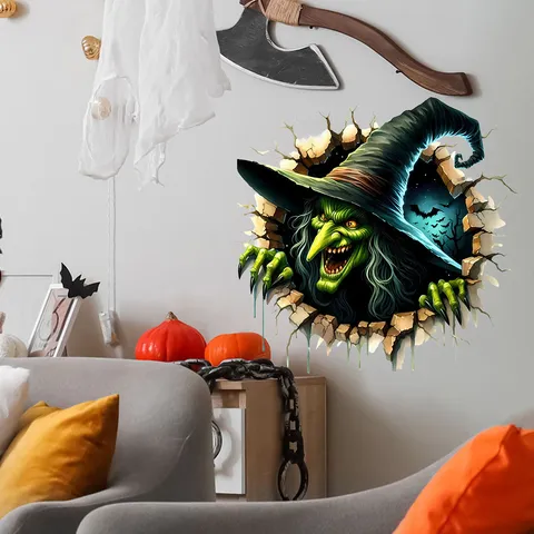 Halloween 3D Broken Wall Sticker PVC Self-Adhesive Mural Witch Zombie Bat Ghost Horror Decor For Living Room Bedroom Party