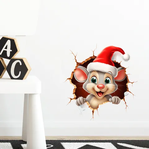 3D Weihnachtsmaus Wandaufkleber Wasserdicht Abnehmbar PVC Cartoon Tier Wandtattoo Für Wohnzimmer Schlafzimmer Küche Dekor