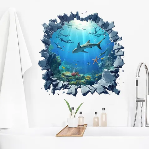 3D Broken Wall Effect Wall Sticker Waterproof PVC Self-Adhesive Undersea Shark Africa Animal Removable Home Decor Mural