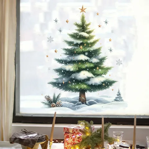 Weihnachtsbaum Schneeflocke Statische Fensterfolie PVC Aufkleber Für Glastür Kühlschrank Spiegel Home Feiertag Dekoration