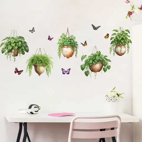 Moderne Grüne Topfpflanzen Hängekorb Schmetterling Wandtattoo Wasserdicht Selbstklebend PVC Dekorativer Aufkleber Für Wohnzimmer Heimtextilien