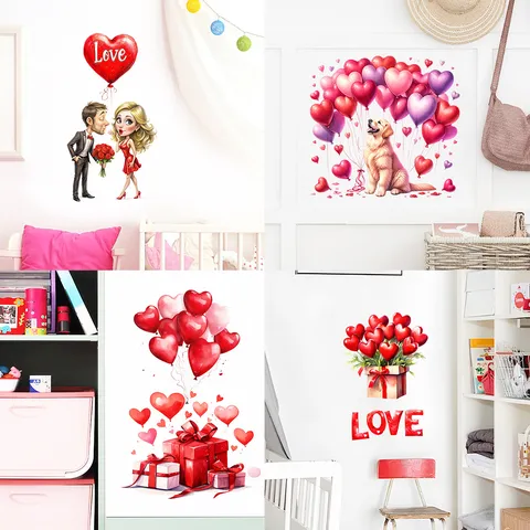 Valentine's Day Heart Balloon Gift Box Wall Stickers Waterproof PVC Self Adhesive Decal For Bedroom Bathroom Home Decor