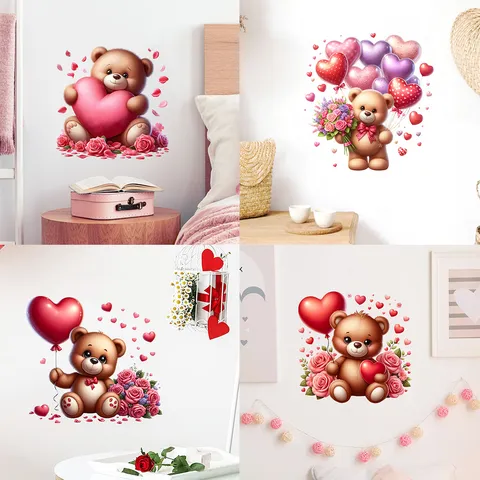 Valentijnsdag Cartoon Beer Hart Ballon Muurstickers Waterdicht Zelfklevend PVC Decoratie Voor Slaapkamer Badkamer Koelkast