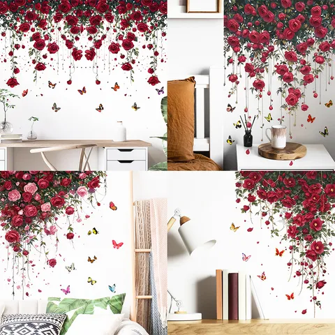 Valentine's Day Rose Vine Butterfly Wall Sticker Waterproof PVC Self Adhesive Decal For Living Room Bedroom Home Decor