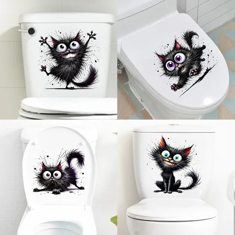 Lustiger Humorvoller Schwarzer Katze Wasserdichter Selbstklebender Wandaufkleber PVC Toilettenaufkleber Für Badezimmer Dekoration