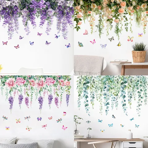 Waterproof PVC Wall Stickers Floral Rose Butterfly Patterns Self-Adhesive Removable Decals For Living Room Bedroom Home Decor