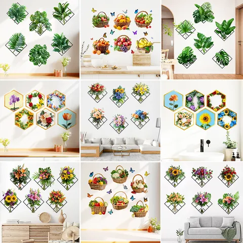 Adhesivo de Pared de PVC Autoadesivo Impermeable Moderno Hojas Verdes Flores Cesta de Frutas Verduras Mural Decorativo para Hogar Cocina Sala