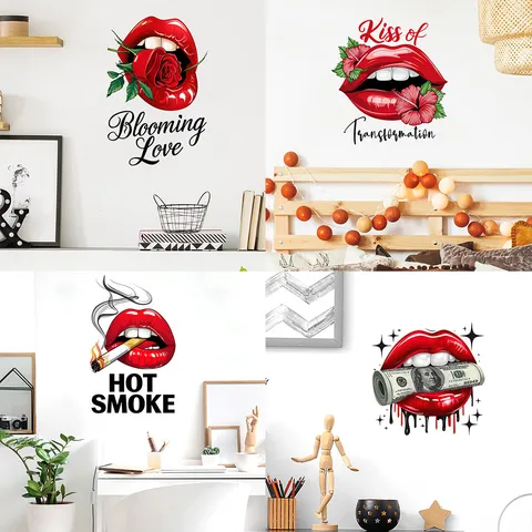 Waterproof PVC Wall Sticker Red Lip Rose Flower Patterns Self Adhesive Removable Wall Decal For Living Room Bedroom Art Mural Decor