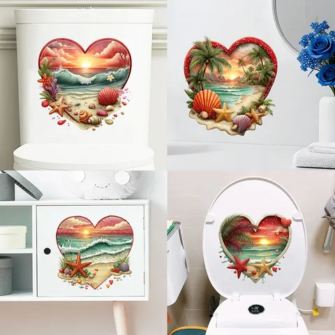 Heart Shaped Beach Sunset Wall Sticker 3D Visual Effect Waterproof PVC Toilet Decal Removable Self Adhesive Home Art Decor