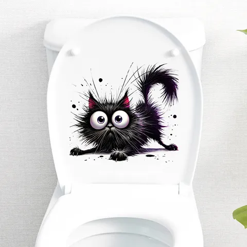 Lustiger Humorvoller Schwarzer Katze Wasserdichter Selbstklebender Wandaufkleber PVC Toilettenaufkleber Für Badezimmer Dekoration
