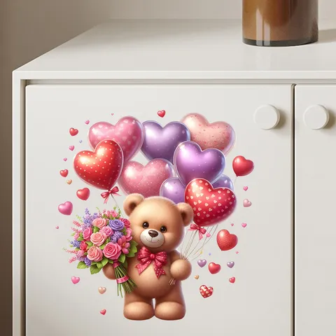 Valentijnsdag Cartoon Beer Hart Ballon Muurstickers Waterdicht Zelfklevend PVC Decoratie Voor Slaapkamer Badkamer Koelkast