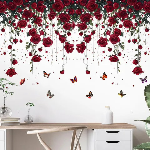 Valentine's Day Rose Vine Butterfly Wall Sticker Waterproof PVC Self Adhesive Decal For Living Room Bedroom Home Decor
