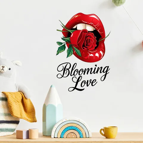 Waterproof PVC Wall Sticker Red Lip Rose Flower Patterns Self Adhesive Removable Wall Decal For Living Room Bedroom Art Mural Decor