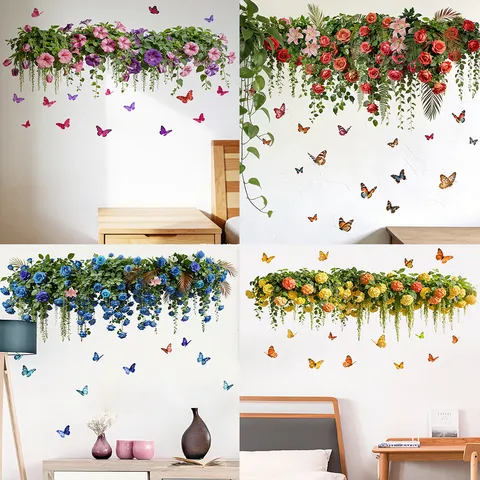 Butterfly Flower Hanging Basket Wall Sticker Removable PVC Waterproof Home Decor For Living Room Bedroom Floral Mural Decal