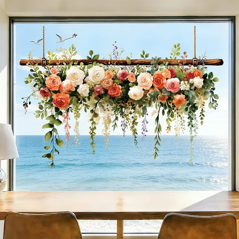 Sticker Statique pour Fenêtre Vigne Florale Rose Multicolore Feuille Verte Imperméable en PVC pour Porte Vitrée Magasin Maison