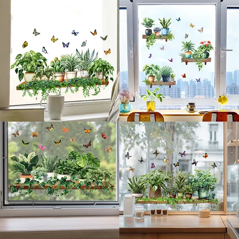 Modern PVC Green Plants Butterfly Static Window Clings Removable Decorative Glass Stickers For Shop Window Home Living Room Decor